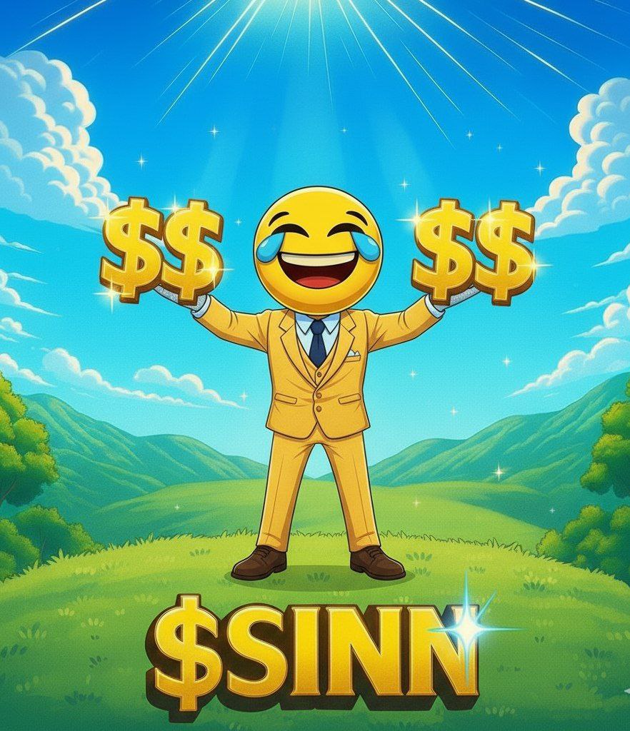 SINN meme coin mascot holding giant dollar signs