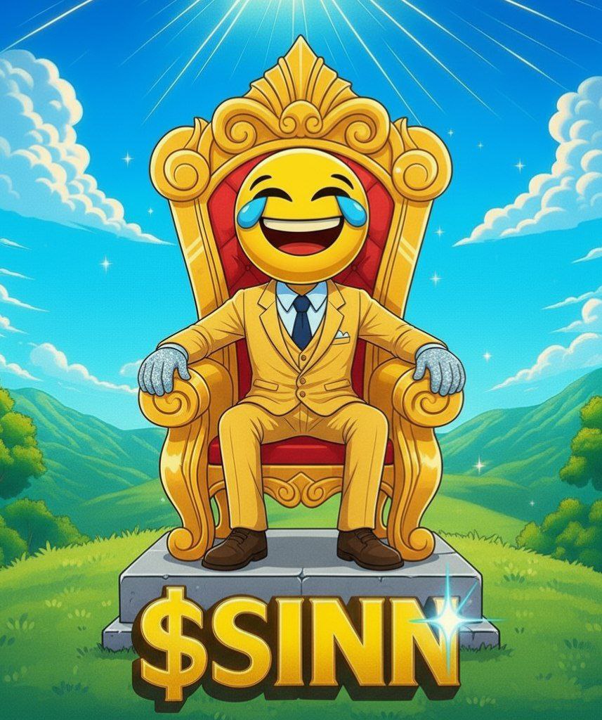 SINN meme coin mascot sitting on a golden throne