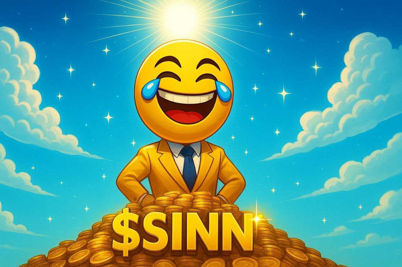 SINN mascot standing on a pile of gold coins